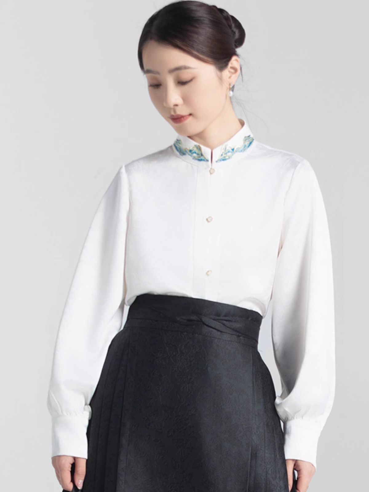 【江山吟】中国风马面裙搭配长袖复古立领汉服女衬衫刺绣对襟休闲