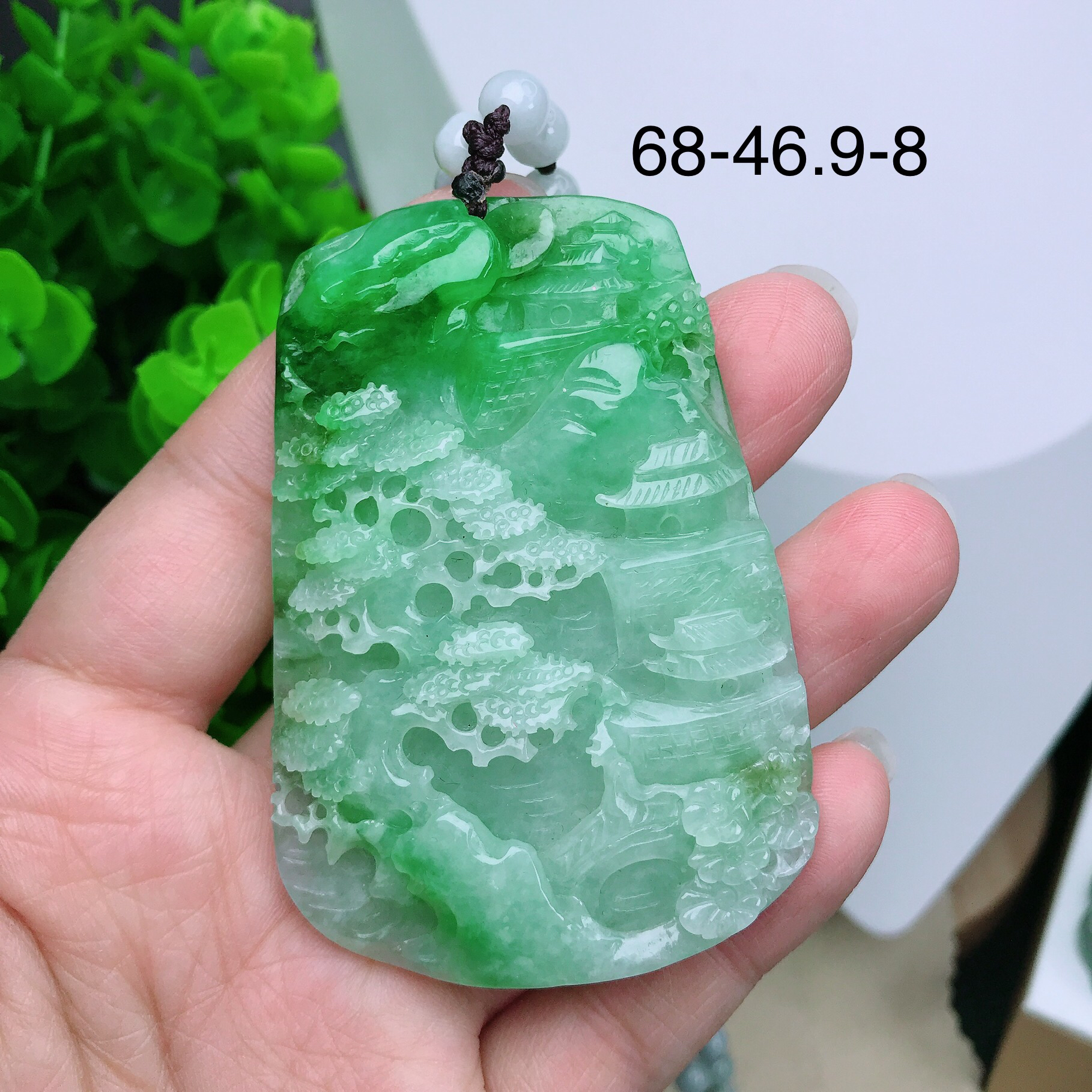 天然翡翠A货冰种飘阳绿山水牌吊坠貔貅颈饰绿色冰透雕刻满绿