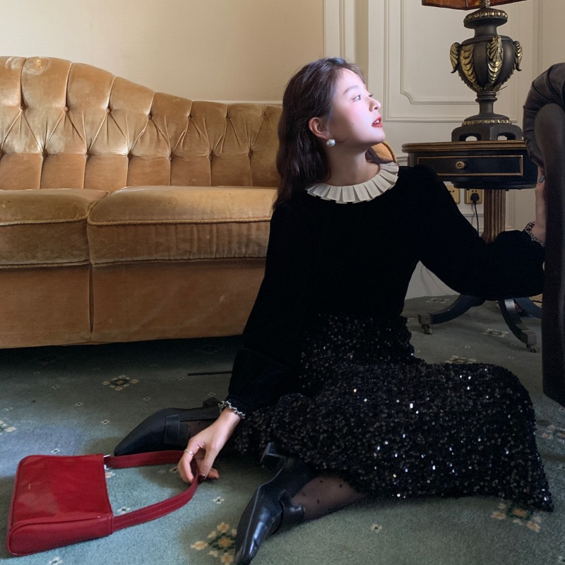 十三行秋冬复古百搭流行爆款丝绒花边领上衣女85100