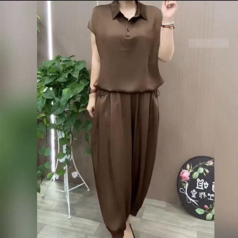 2025减龄时尚套装夏季新款洋气休闲暗纹提花显瘦两件套宽松妈妈装
