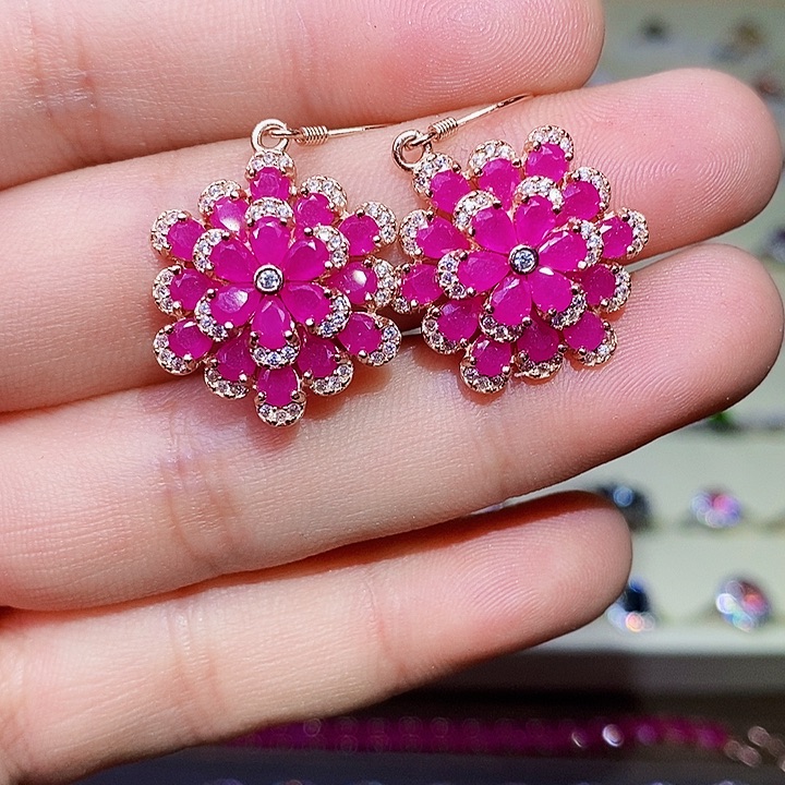 红宝石耳饰银S925镶嵌1111