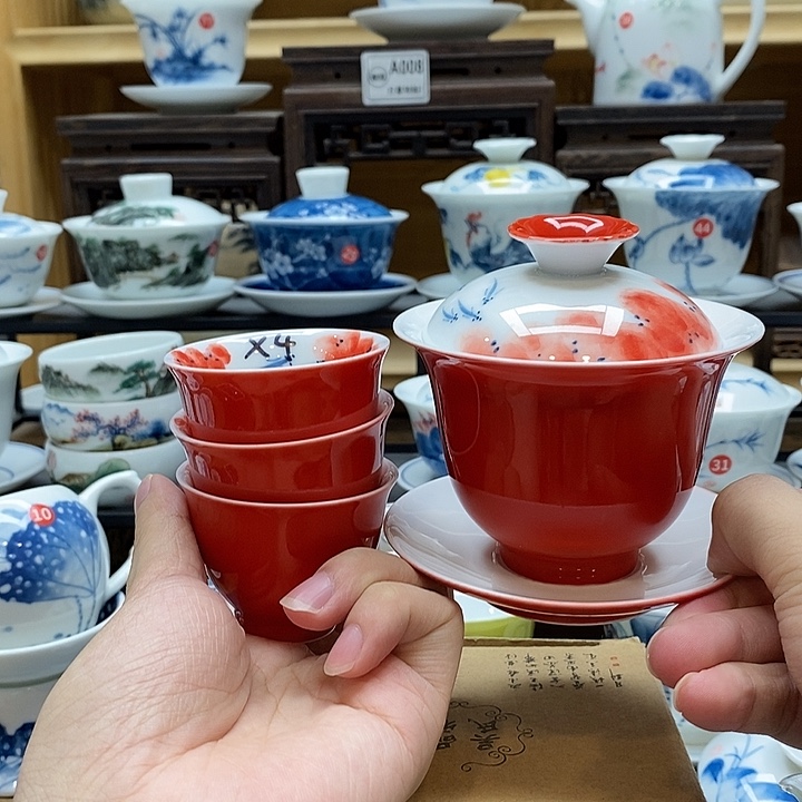 手绘龙船花盖碗160cc➕同款杯子4个装釉下彩微瑕福利款