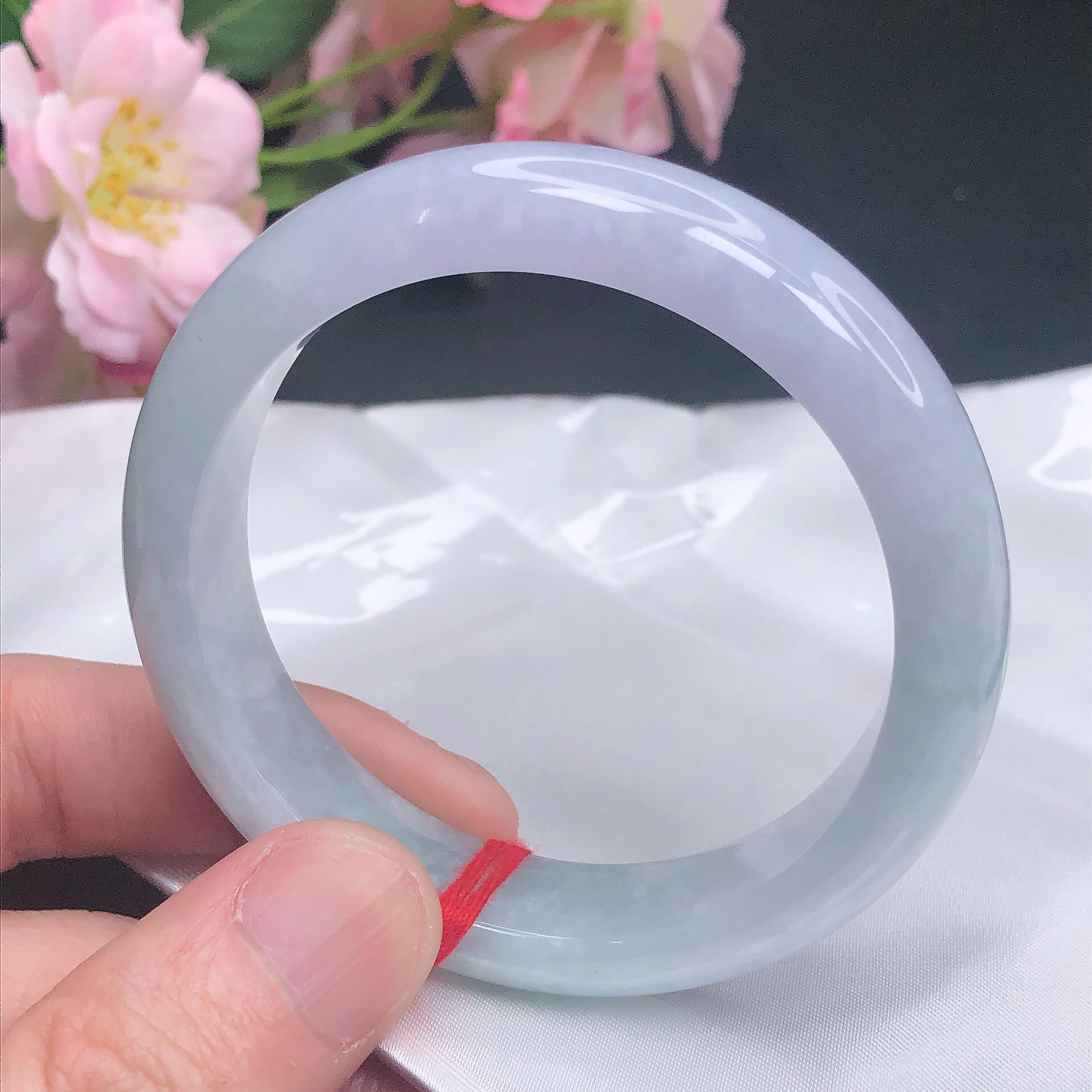 503 天然翡翠A货手镯 56圈冰润紫带绿淡春彩正圈手镯宽边玉镯子