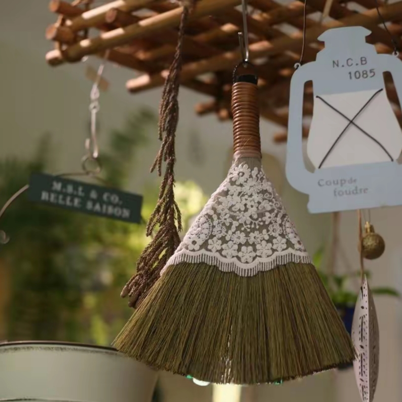 家用迷你微型桌面清洁草编扫把簸箕园艺花园摆件清洁装饰除尘扫帚