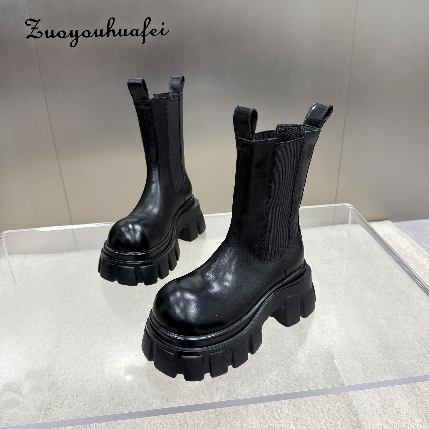 【左右华菲】7.5cm显腿长小个子真皮大头厚底复古切尔西靴2025秋冬