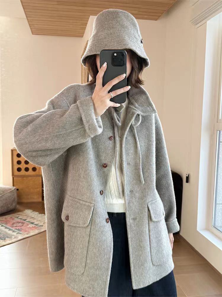 【一姐定制】360款网红戴帽中长款大衣时尚女士双色气质轻奢百搭