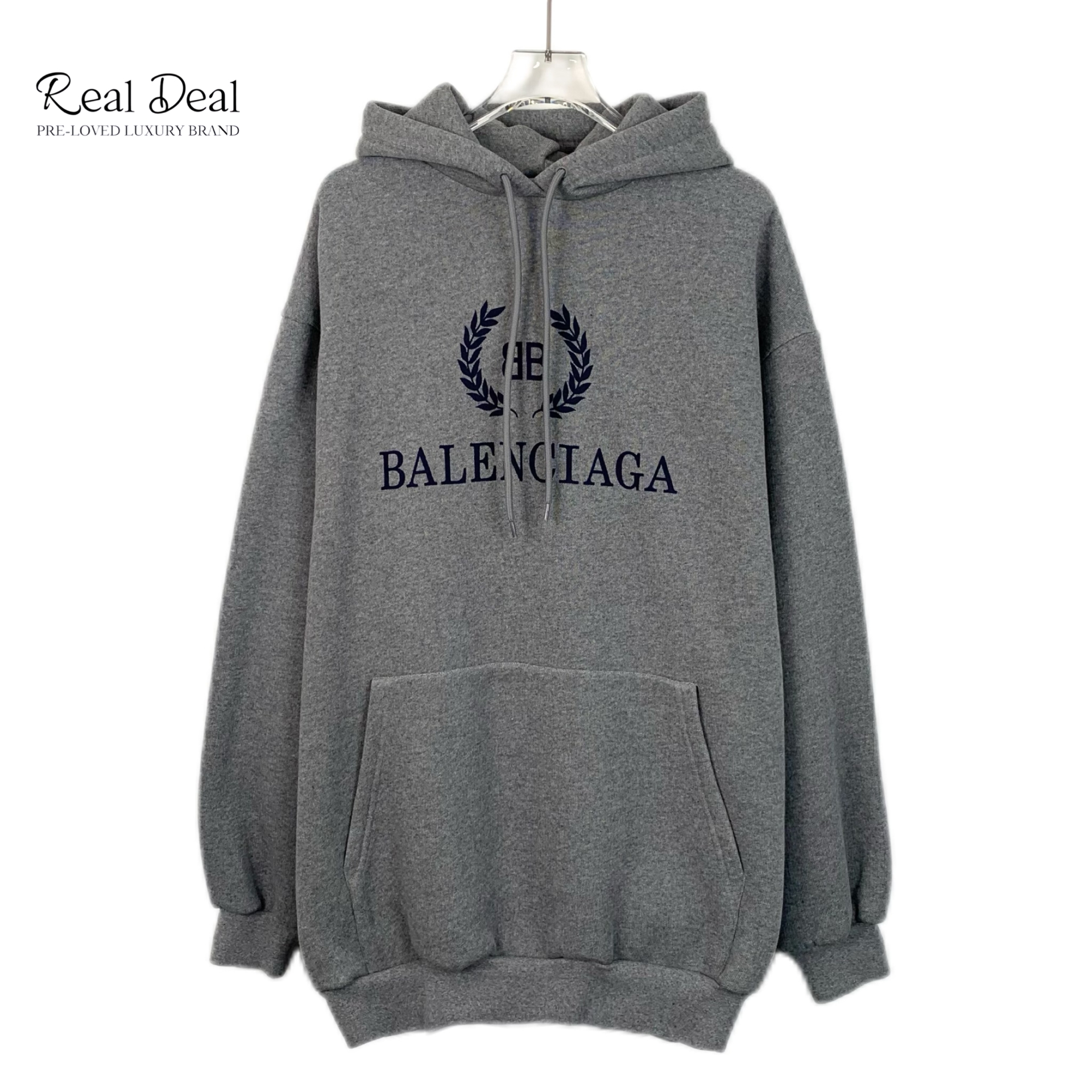99新 Balenciaga/巴黎世家 H13988 灰色logo印花棉质连帽抽绳卫衣