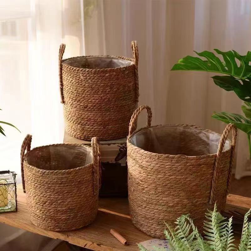 北欧风海草编织花篮绿植套盆手工编织蓝琴叶榕绿植带耳花盆收纳筐