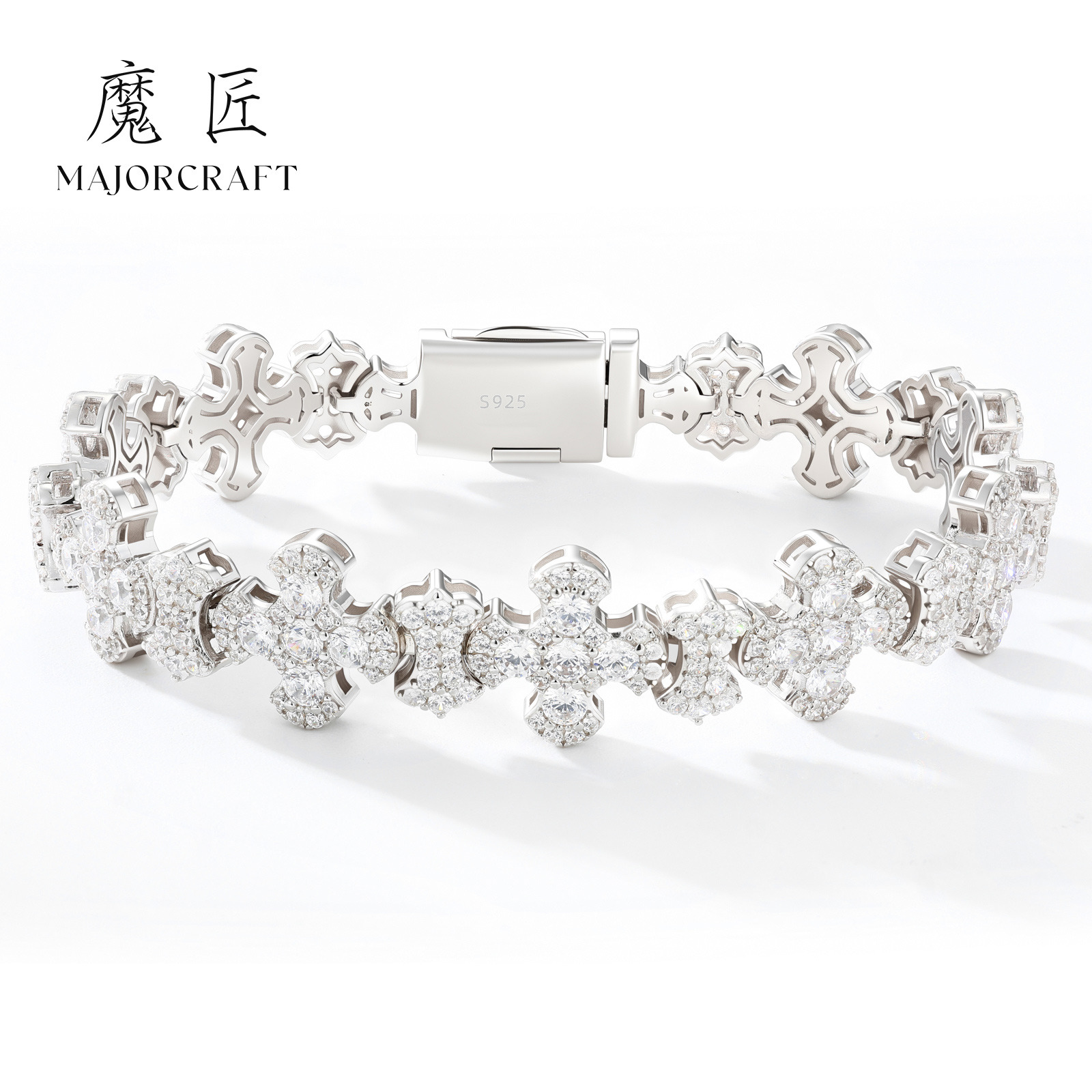 魔匠 925银莫桑石手链 经典十字花银镶莫桑钻男士高级感银手链