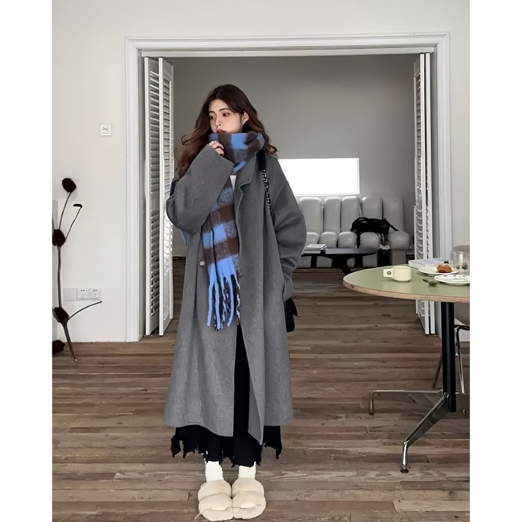 8153  M大衣秋冬季新款韩版气质百搭女中长款毛呢外套复古