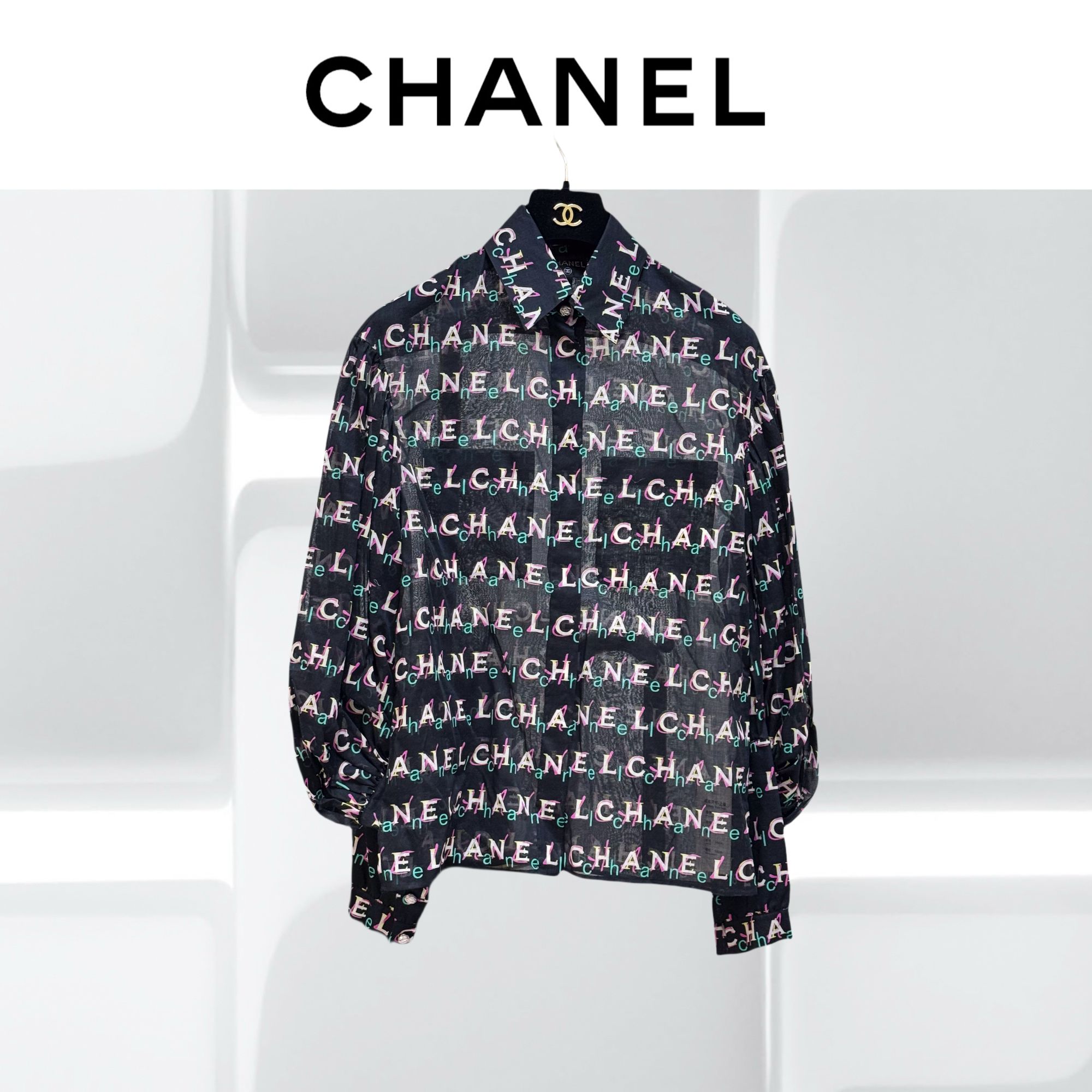 99新 Chanel/香奈儿 34码 黑色拼彩色 涂鸦字母 长袖 衬衫