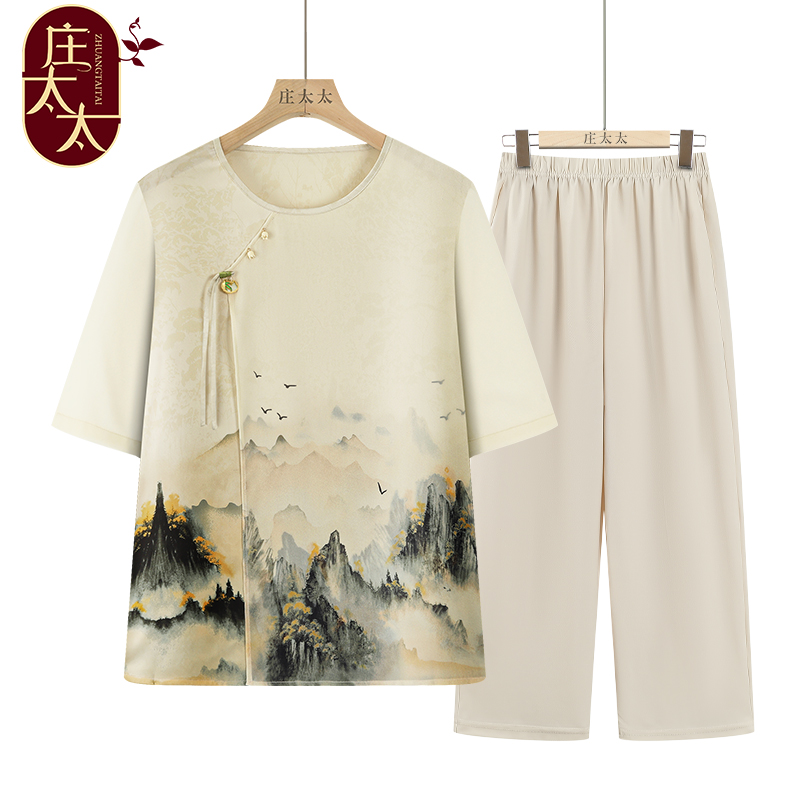 奶奶夏装T恤雪纺衫中老年人夏装女妈妈小衫老人太太夏季衣服套装