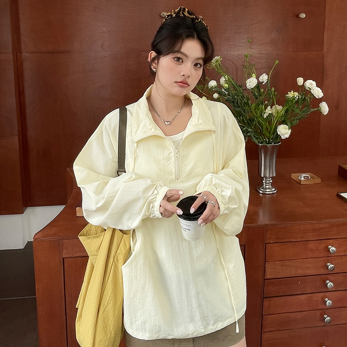 【现现专场】大码女装半拉链抽绳防晒衫胖mm宽松时尚套头上衣外套