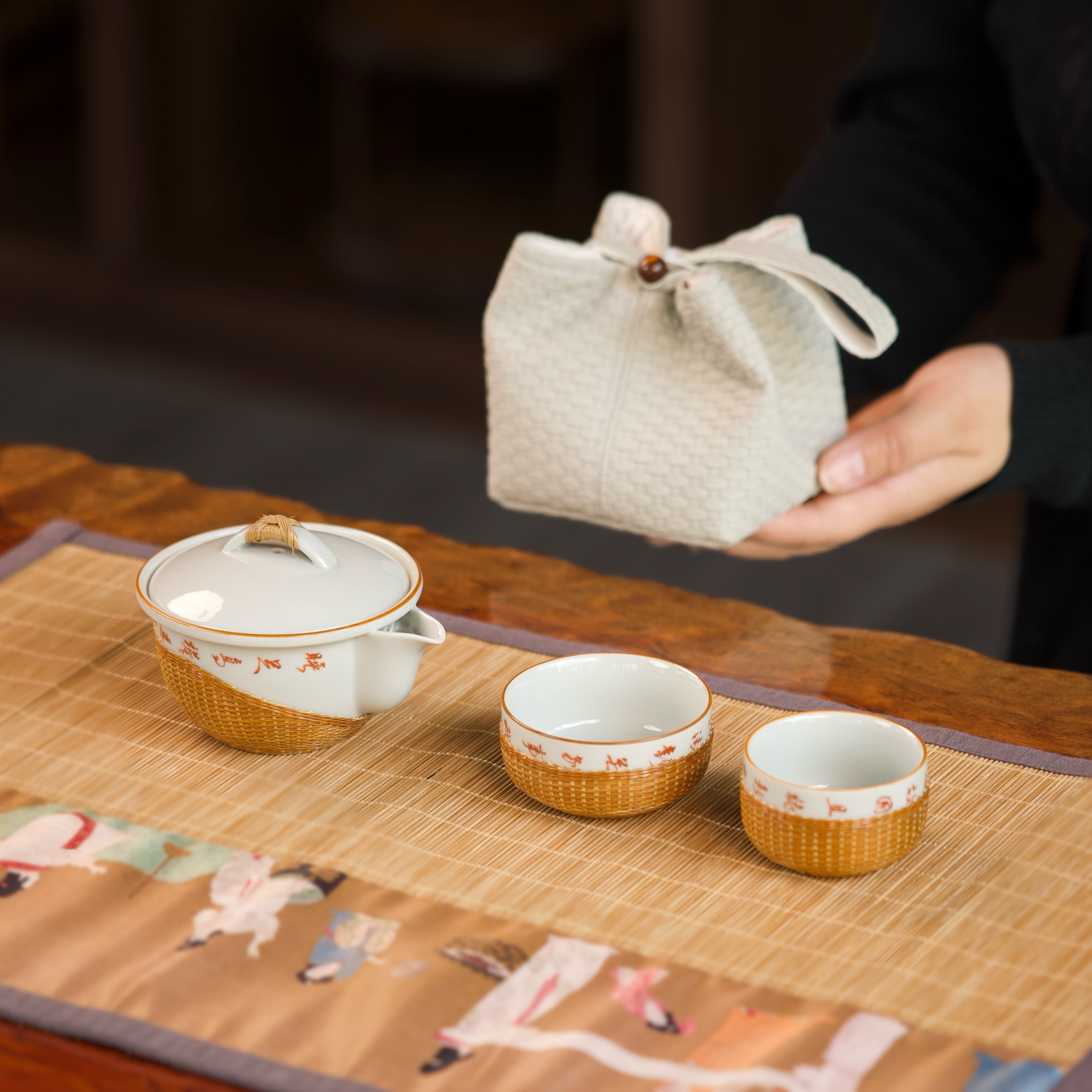 新款竹丝扣瓷茶具套装功夫茶套装公道杯主人杯中式纯手工带收纳袋