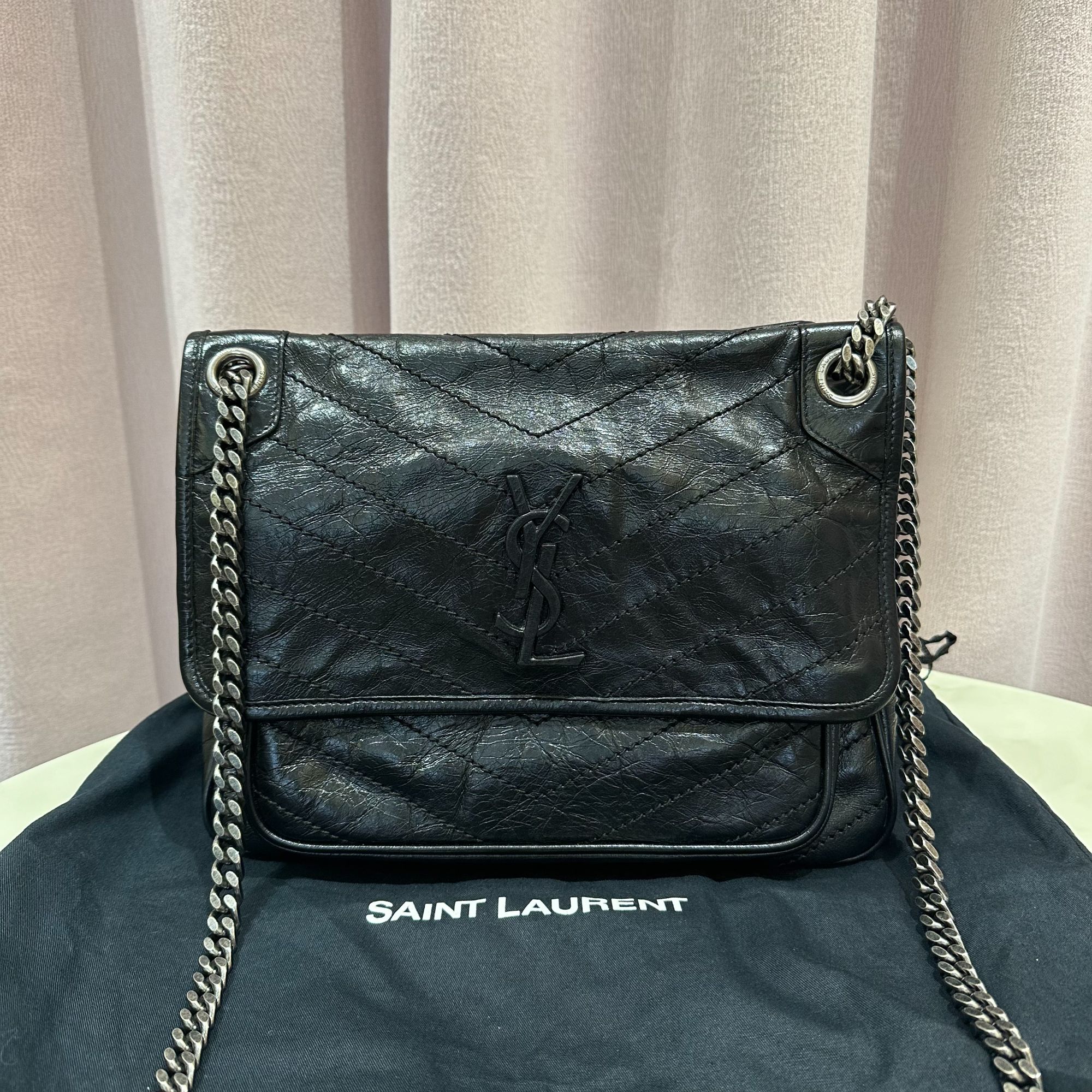 99新 YSL/圣罗兰 黑银niki中号链条包/新款d扣20编码