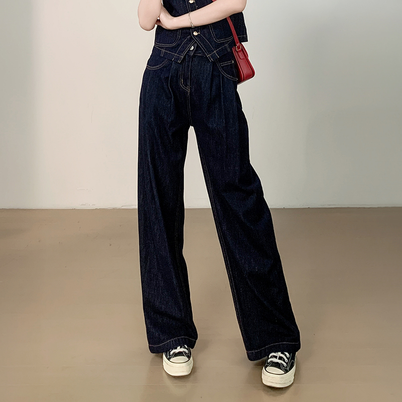 深蓝色不易褪色窄版阔腿牛仔裤女宽松2025春秋高腰显瘦直筒拖地裤
