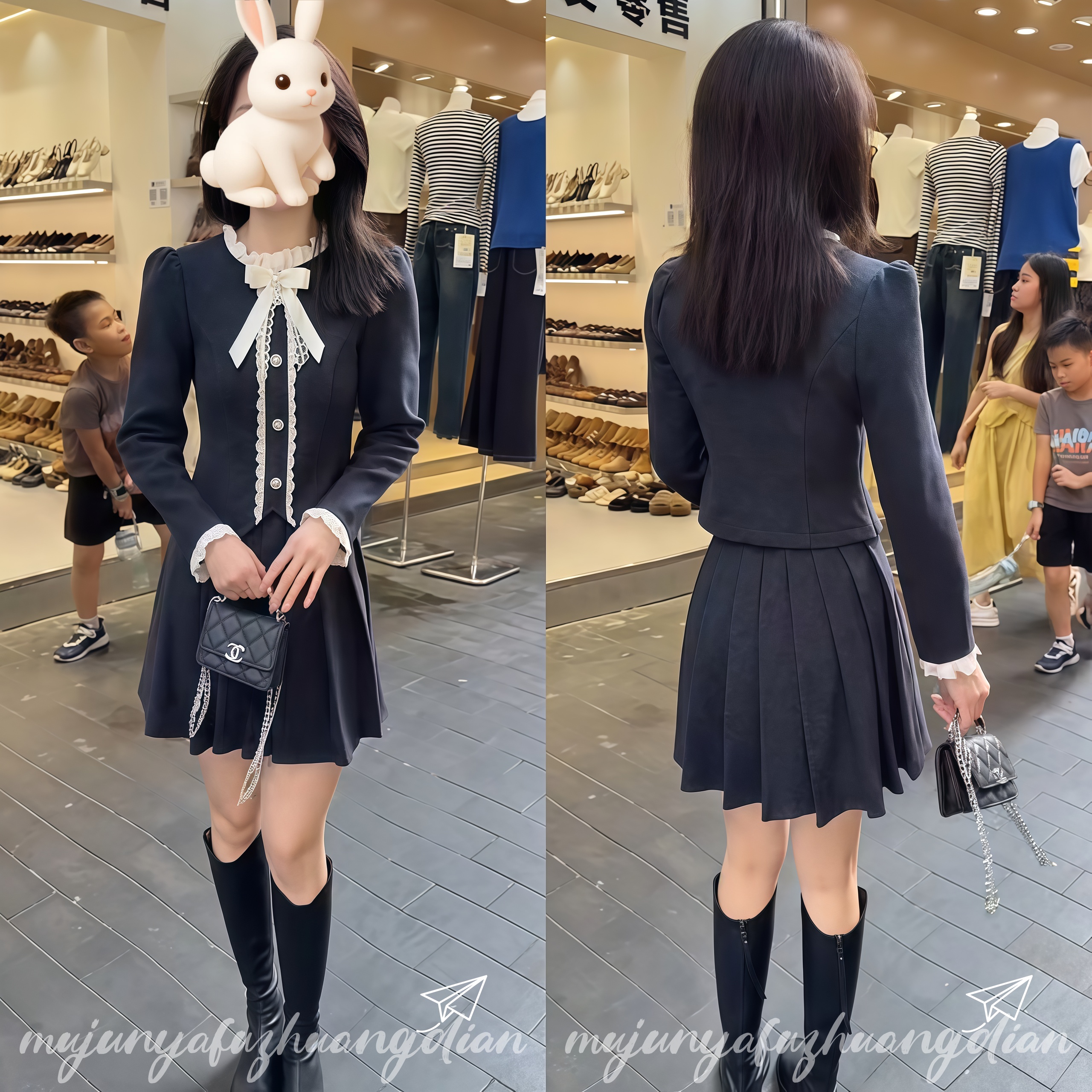 拼色领长袖上衣百褶短裙韩版女装减龄学院风黑色两件套