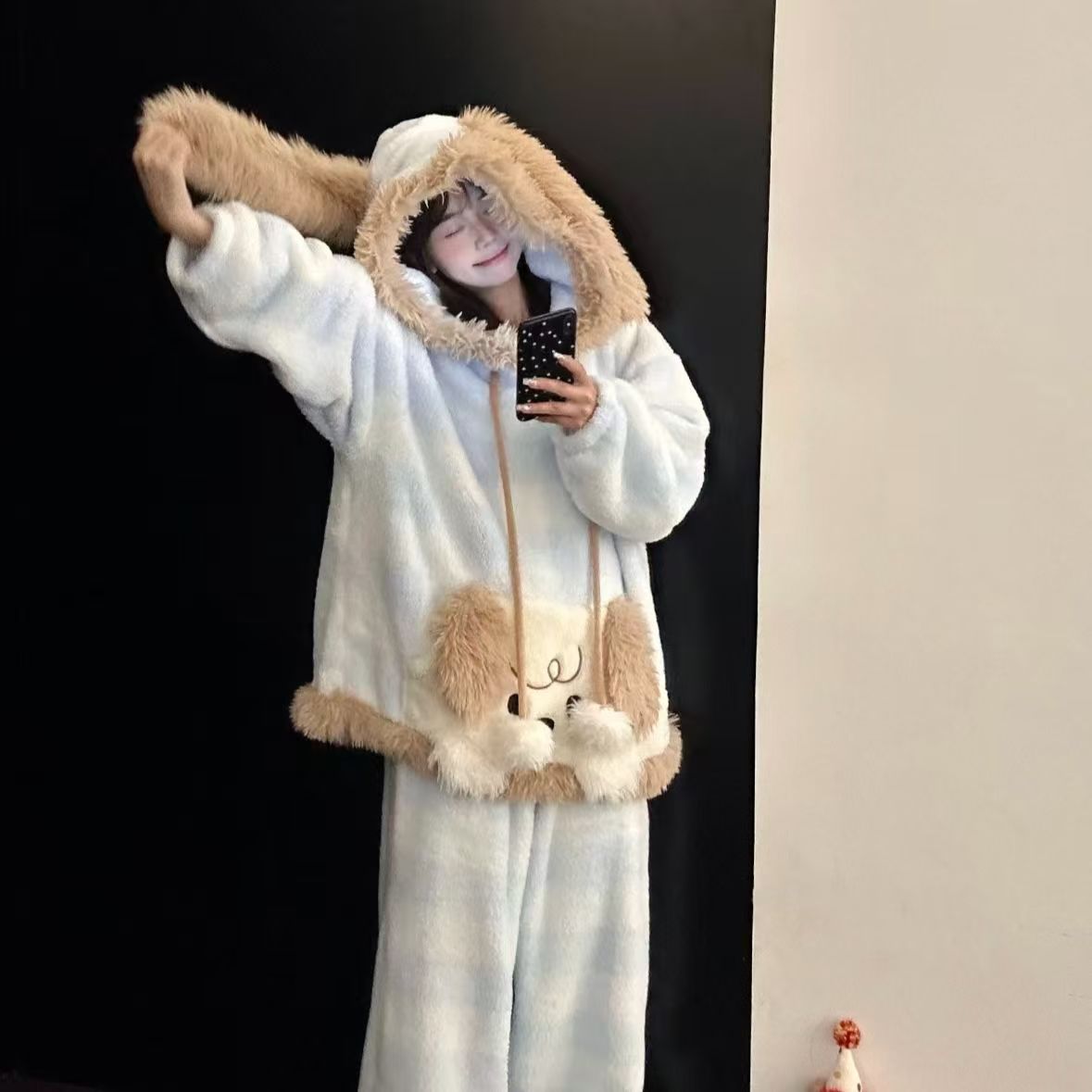 【蓝格小狗】冬款套装带袖子毛绒睡衣加绒加厚睡衣可爱家居服情侣