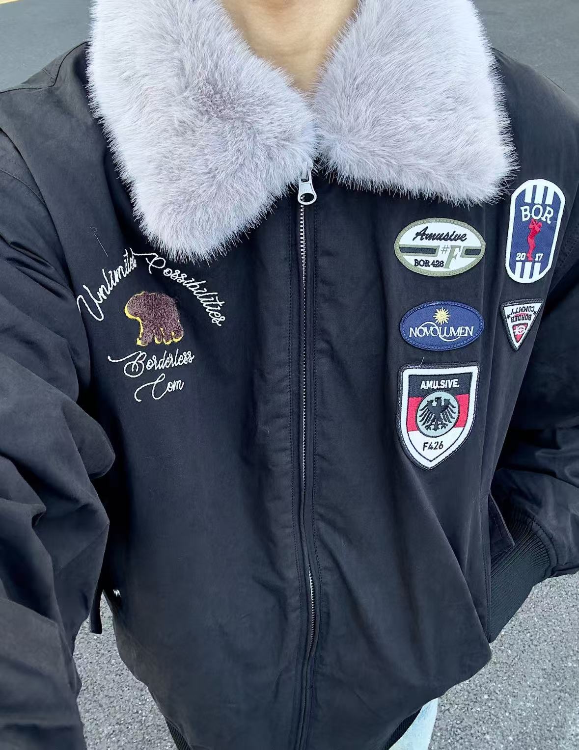 66家刺绣小标毛领百搭棉外套夹克 男女同款