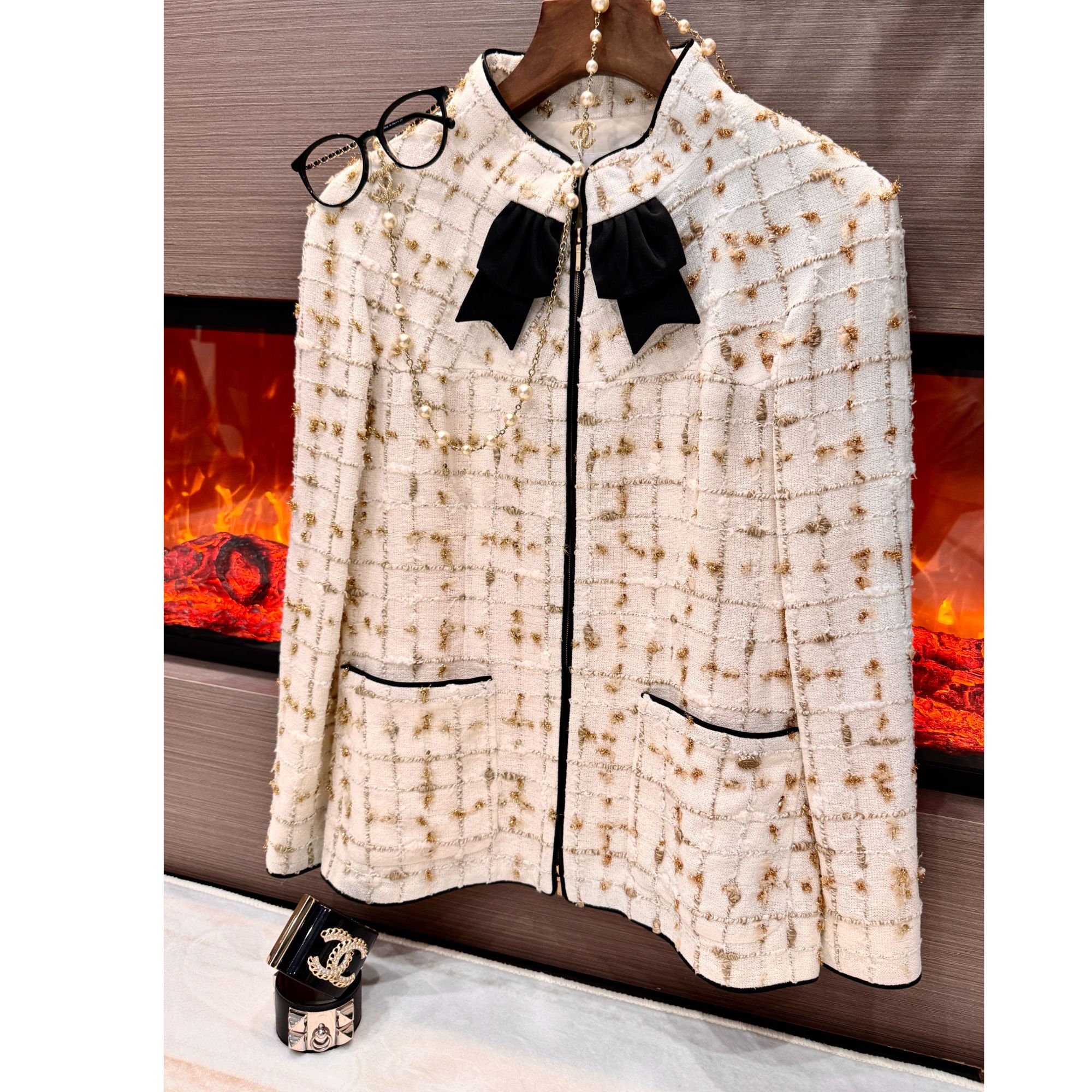 99新 Chanel/香奈儿 19S沙滩系列白金领结立领粗呢外套 34码