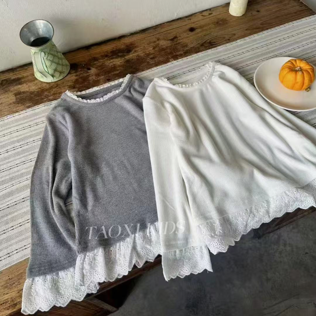 桃喜 25秋 5071女童长袖打底衫蕾丝拼接圆领T恤上衣(汉服)