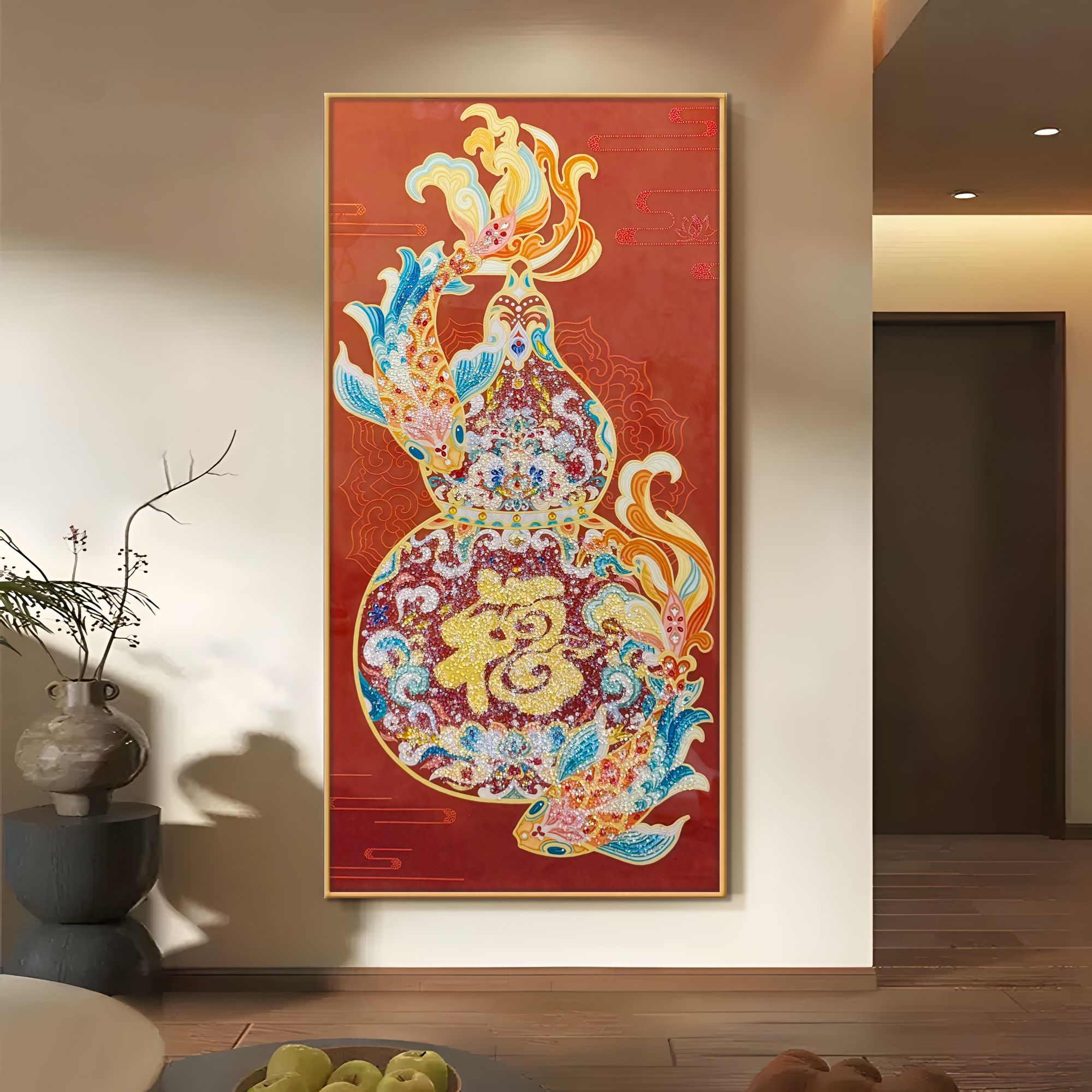 新中式福禄玄关挂画客厅过道壁画红色百福图入户装饰画葫芦80160
