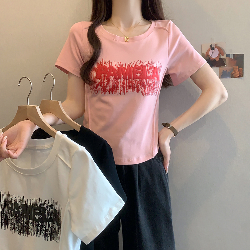 A大码t恤女正肩短袖2024年夏季新款胖mm立体折线字母印花显瘦半袖