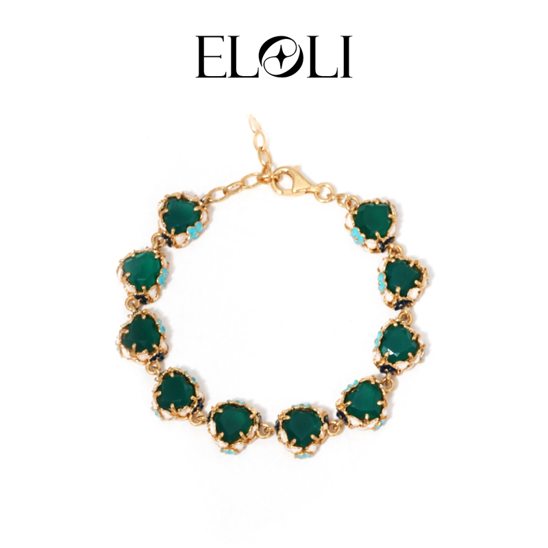 Eloli22K镀金 天然绿色彩宝花朵手链BR3167SGR 925银