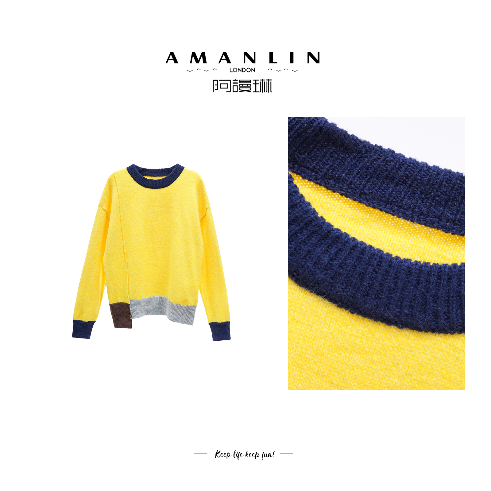 【AMANLIN】秋季撞色显瘦休闲套头设计感针织小众毛衣上衣F593888