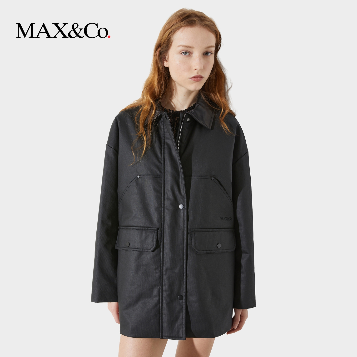 【2025季末折扣】MAX&Co.拼接翻领休闲涂层华达呢夹克6486015402