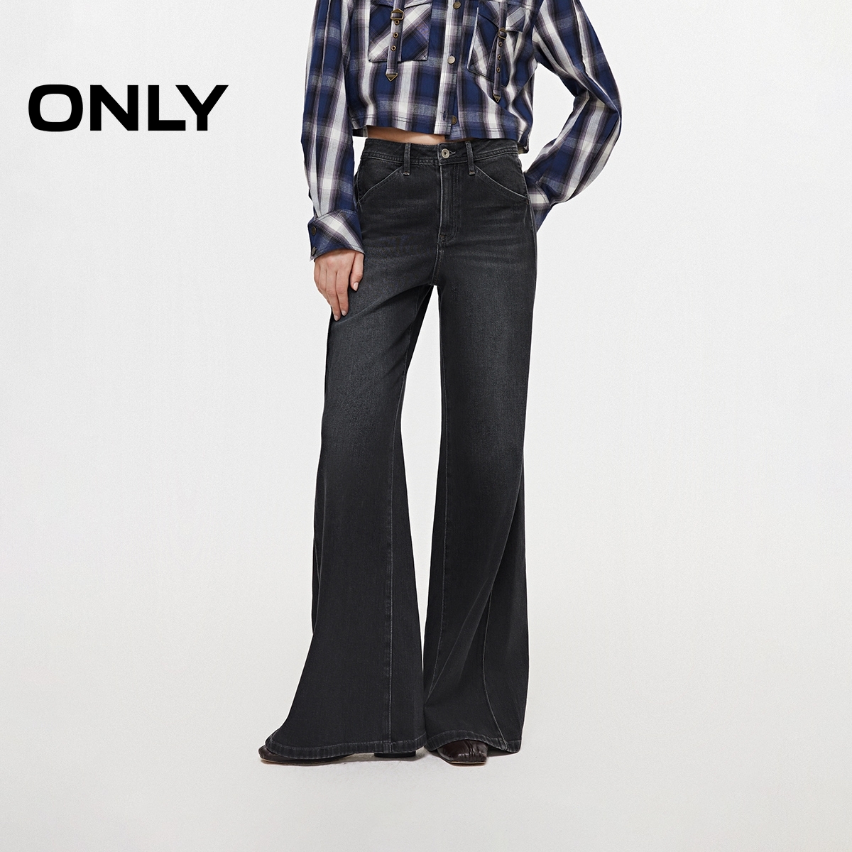 ONLY2025秋季新款立体拼接高腰长裤松弛喇叭裤牛仔裤女|125432017