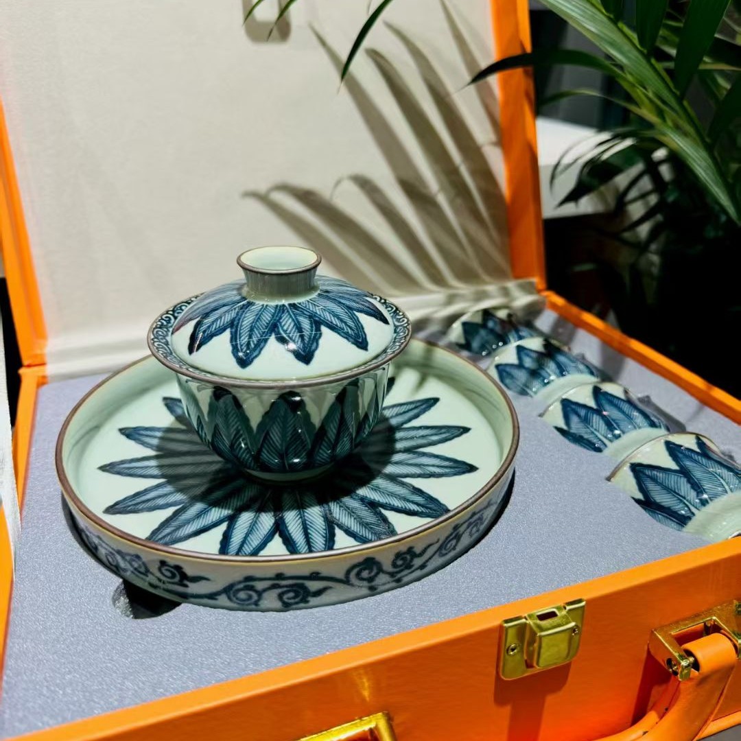 景德镇手工制作釉下彩老陶泥元青花芭蕉叶陶瓷茶具套装（带礼盒）