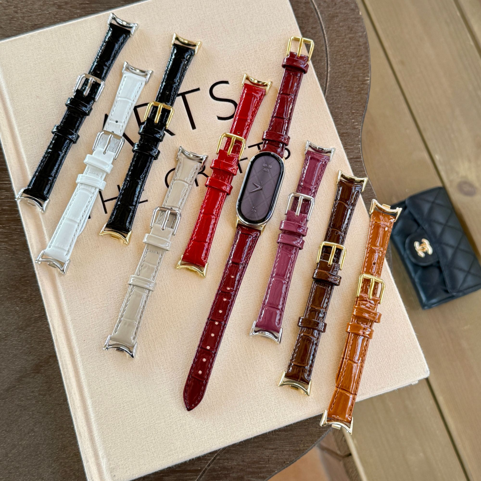 适用苹果S11华为小米10/9漆面竹节纹iWatch纯色GT6皮质fit4手表带