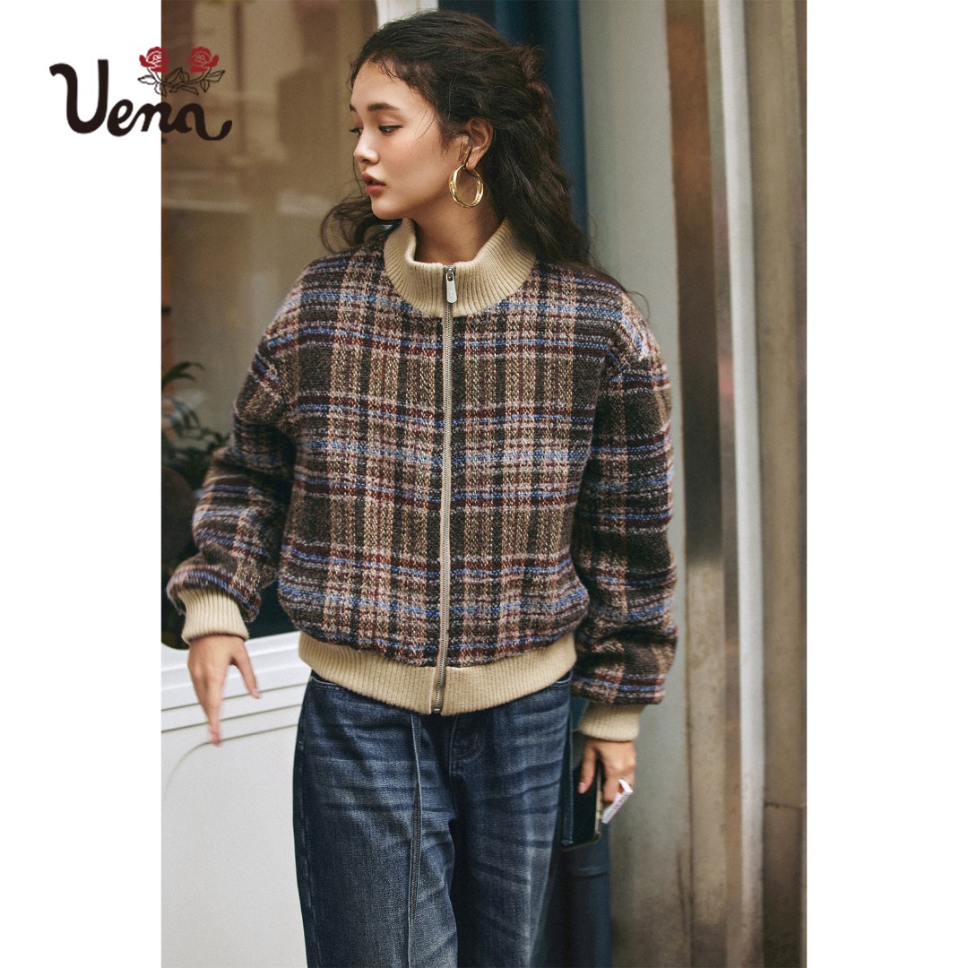 【晴冬练习课】Uena美式复古棕色格纹绵羊毛呢外套宽松立领棉服女