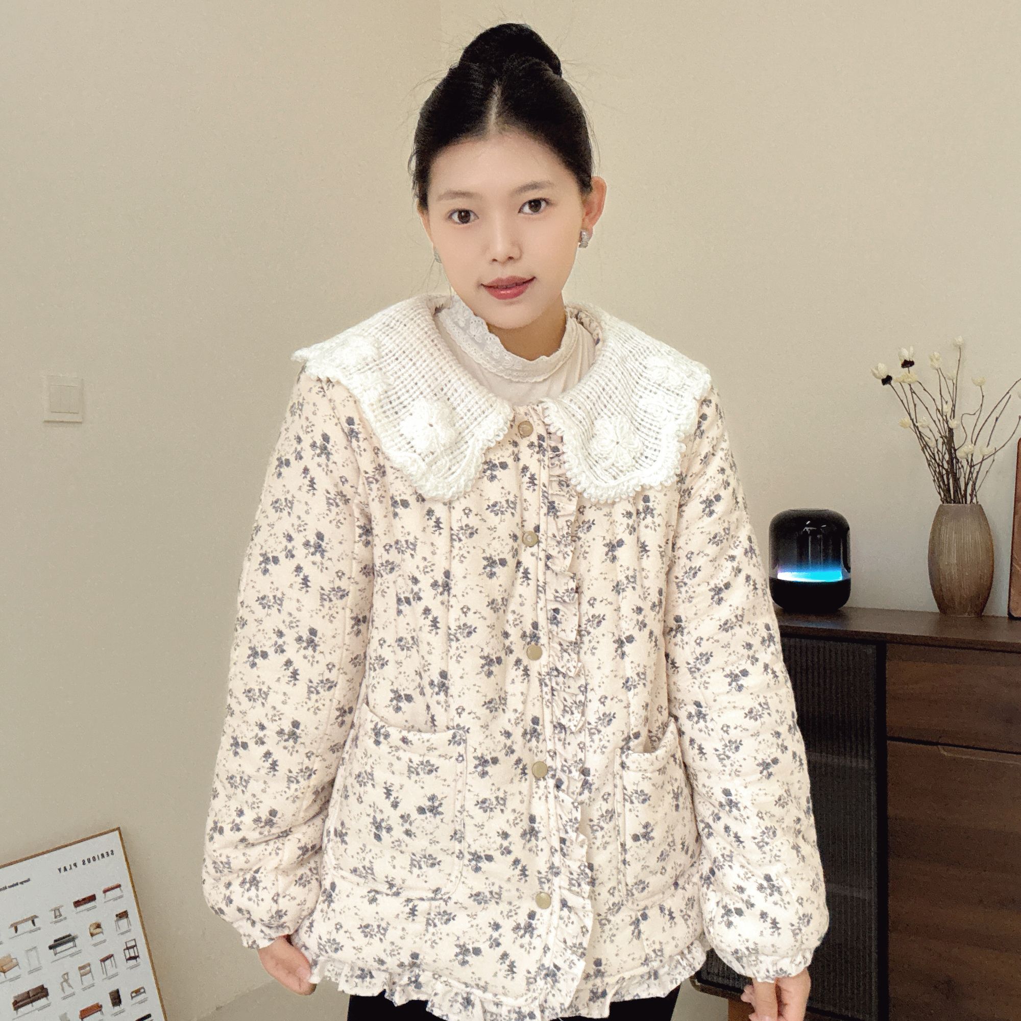 【烟熏玫瑰】300g新疆棉毛线翻领花边短款宽松家居服女保暖棉衣棉服