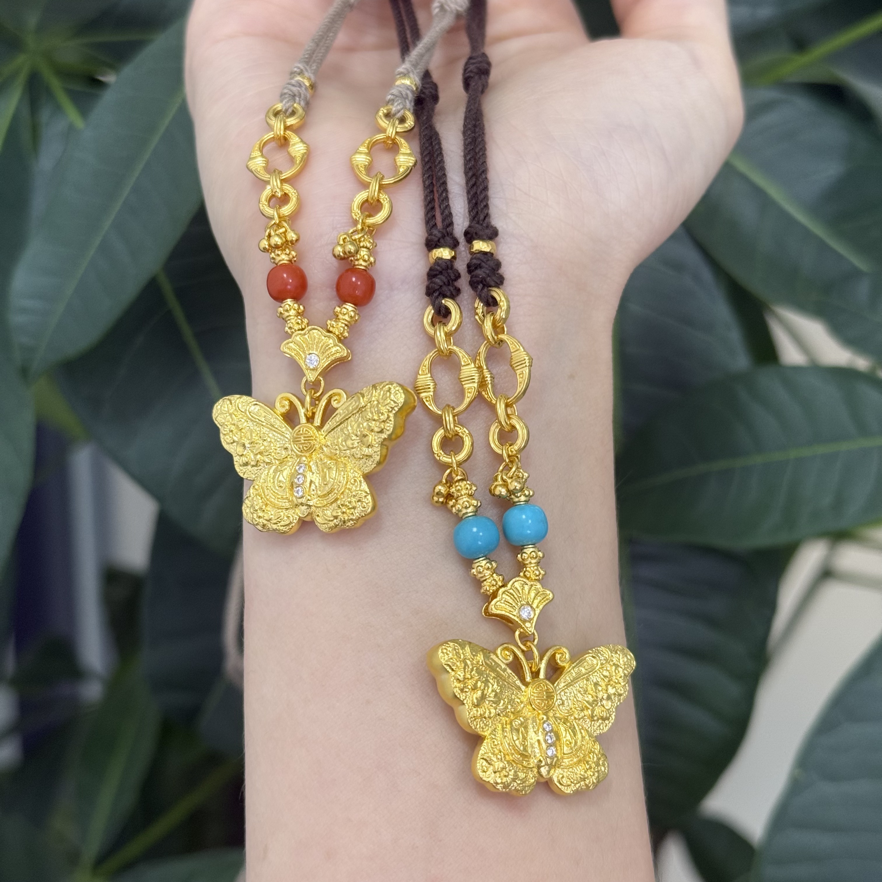 足金999 古法手工錾刻黄金蝴蝶吊坠福蝶迭至