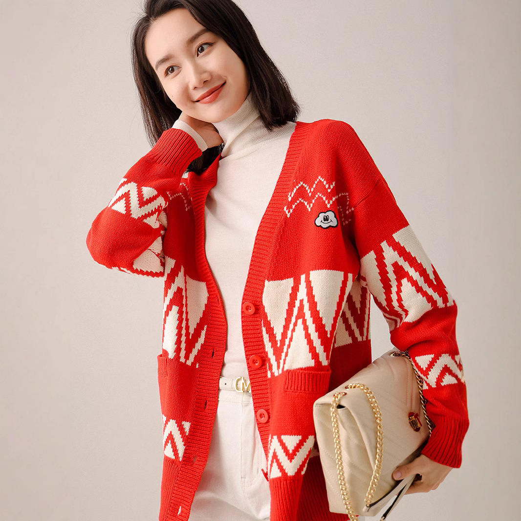 yaqi 高级感菱形格羊毛撞色针织开衫女装春季宽松长袖V领毛衣上衣
