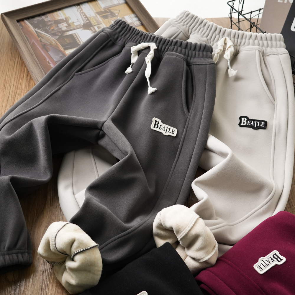 儿童秋冬字母贴标百搭防风加绒裤子中大童男童抽绳雪地裤2451