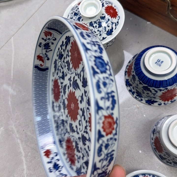 瓷片釉里红缠枝莲5件套景德镇