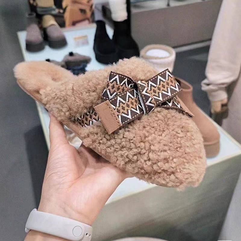 桑坡直发冬季羊皮毛一体泰迪卷毛蝴蝶结包头拖居家外穿防滑毛毛拖