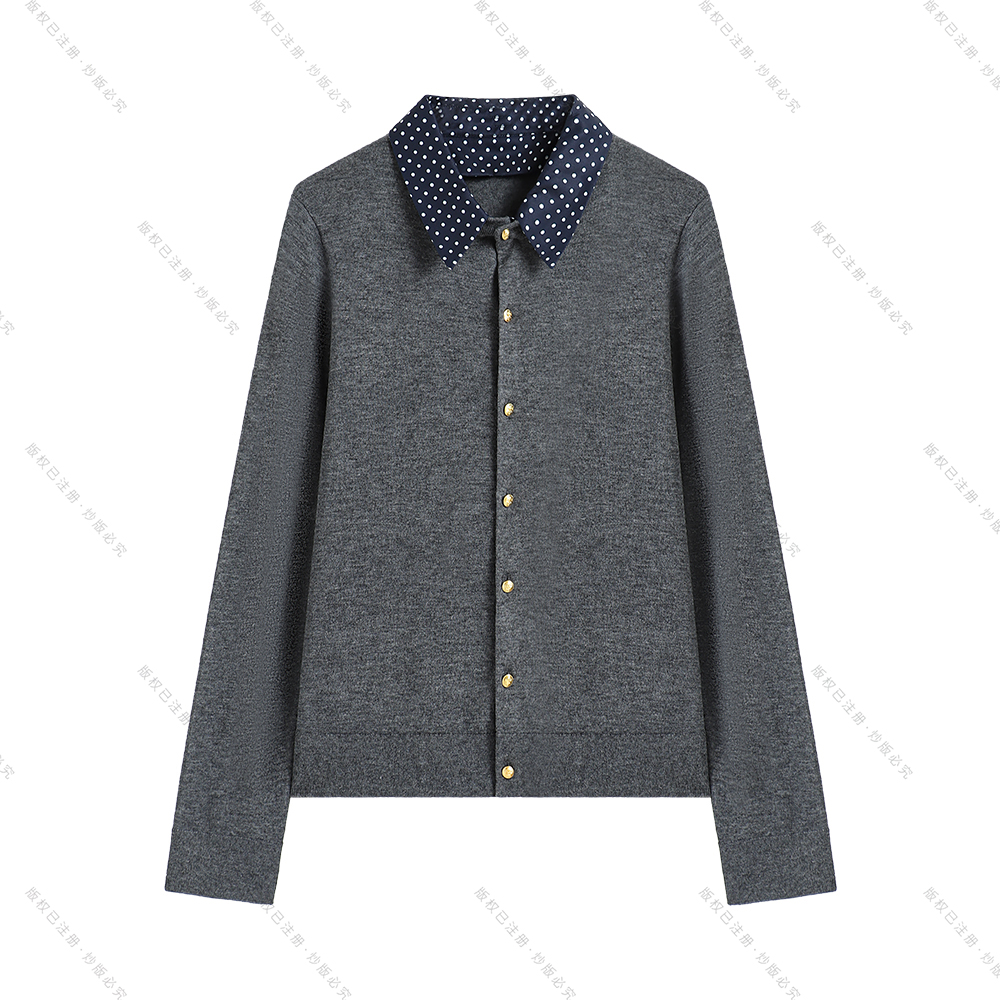 【南油虹姐】翻领拼接毛针织衫英伦风翻领开衫常规袖长袖开衫款