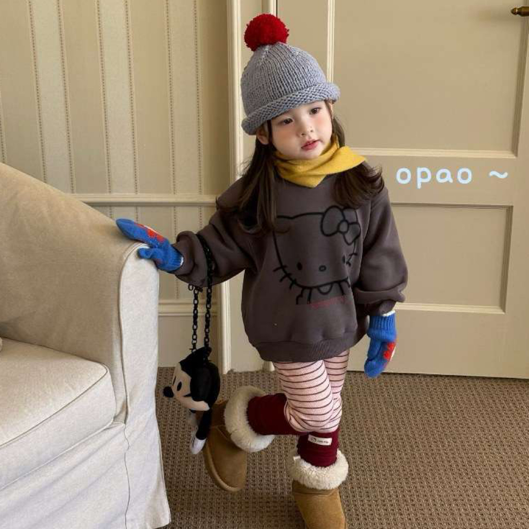 opao（现货）深秋休闲洋气条纹打底裤男友风春秋女套装加厚卫衣加绒