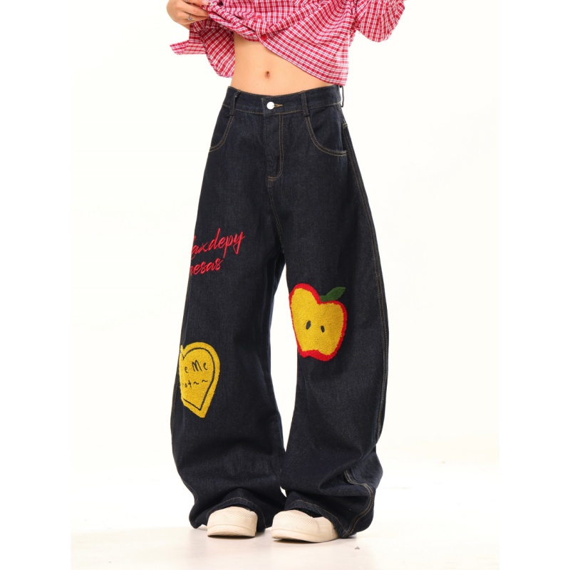 2025FW字母爱心苹果刺绣弯刀裤男秋季新款宽松街头拖地牛仔裤女潮