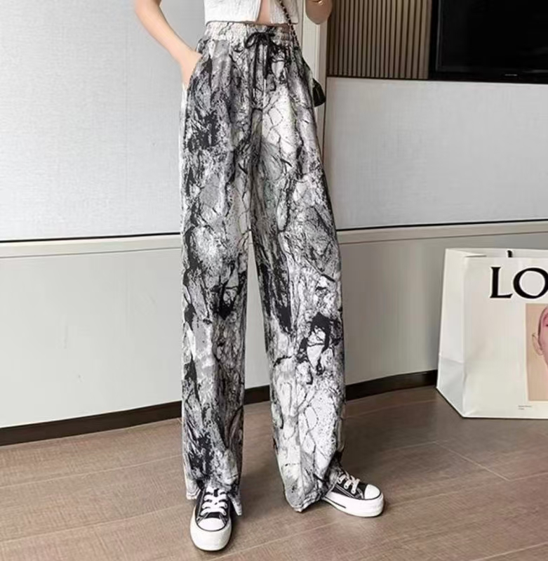 水墨印花雪纺阔腿裤女夏季薄款新款高腰宽松冰丝垂感拖地长裤