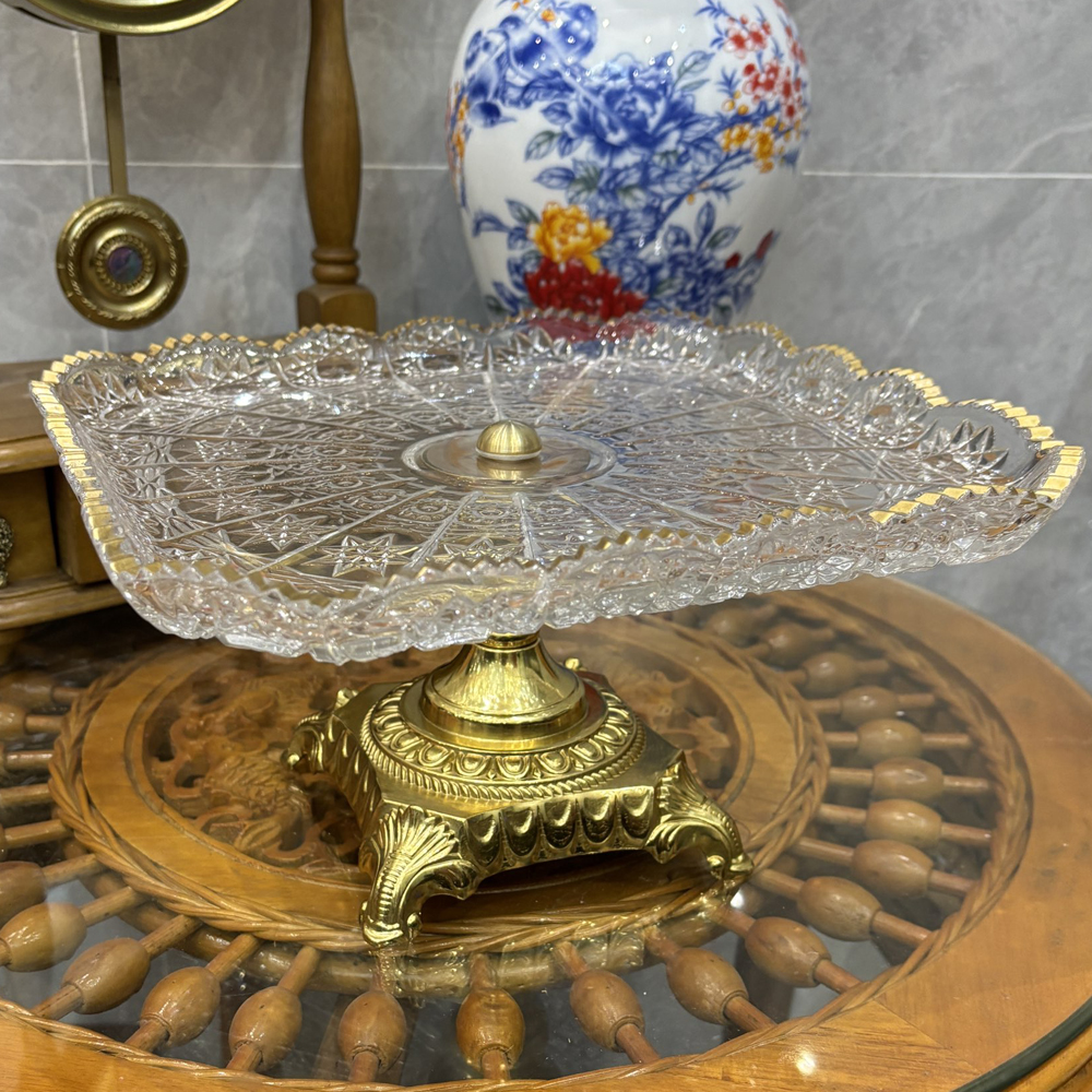 全铜大号单层高脚欧式刻花白水晶玻璃水果盘黄铜大托盘