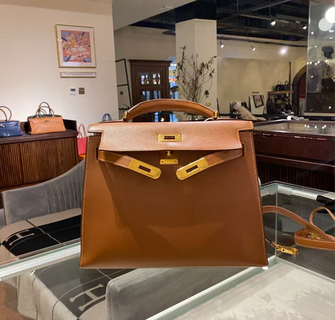 95新 Hermes/爱马仕 Kelly28 金棕金扣 E皮 单环 圈Y刻 中古