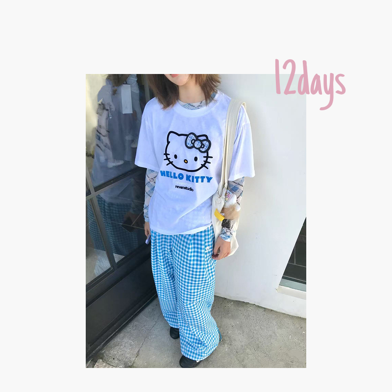 12days | R家复古蓝白格纹刺绣宽松阔腿长裤 | 25126