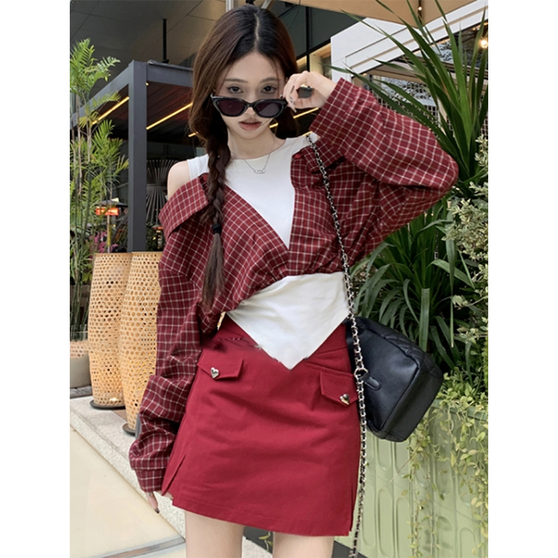 春日韩系辣妹红色假两件格纹衬衫女新款高级感修身显瘦短裙套装潮