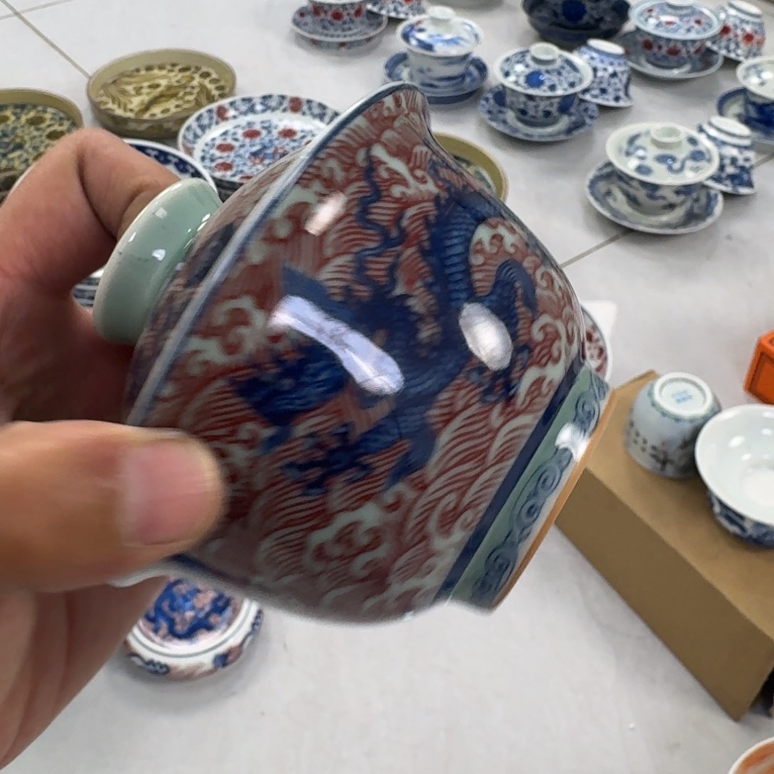 摆件清釉釉里红海水龙两才盖碗