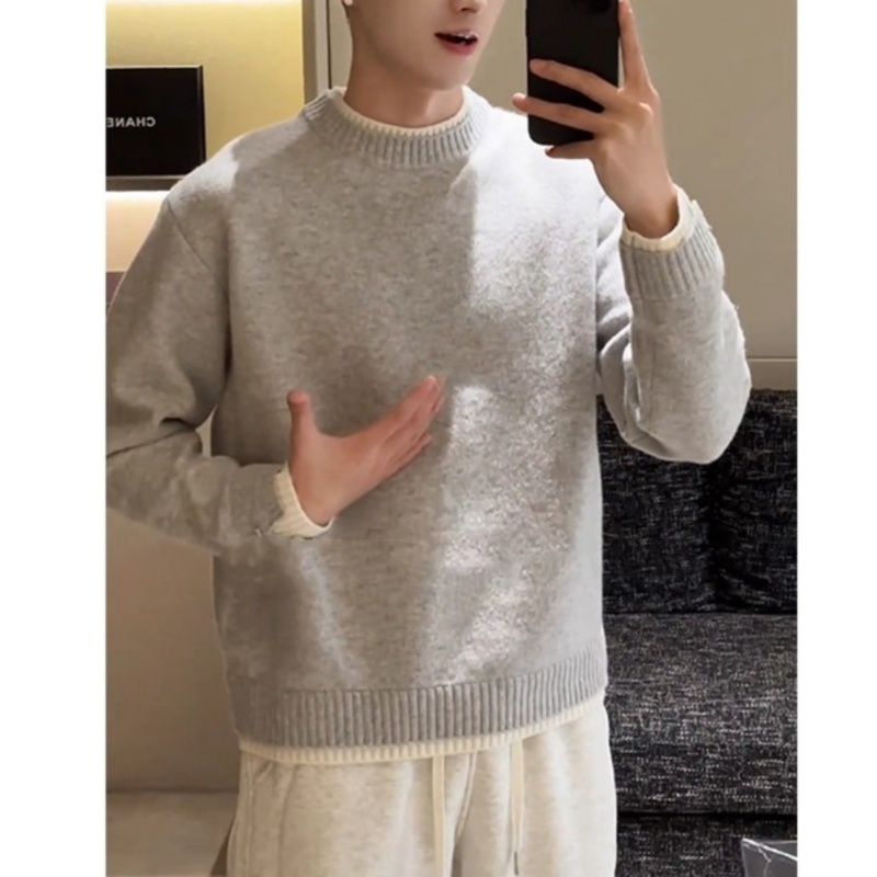 简约净版小众混纺假两件圆领毛衣男士针织衫秋冬新款内搭针织衫男